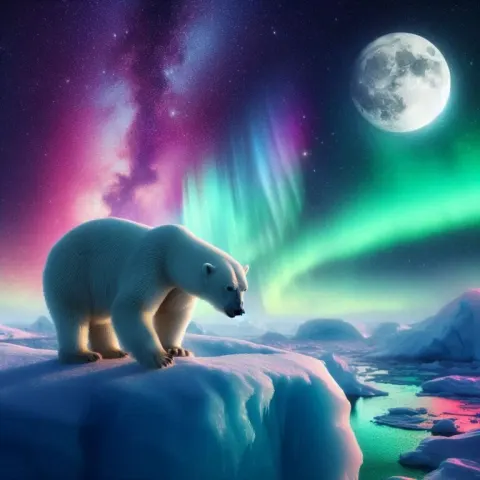 Polar Bear on Glacier with Northern Lights
