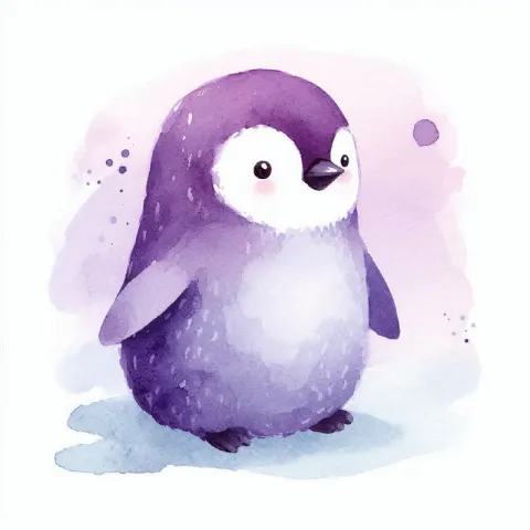 Purple Penguin Watercolor in Simple Folk Art Style