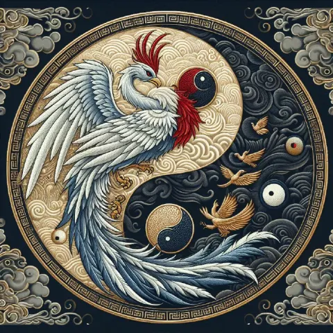 Chinese Phoenix and Crane Yin Yang Embroidered Art
