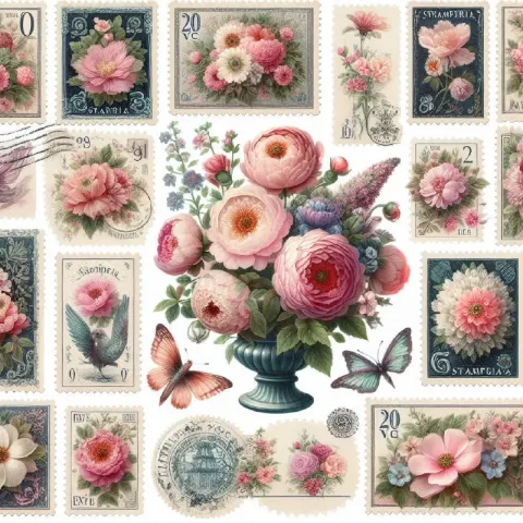 Shabby Chic Victorian Floral Postage Stamps Clipart