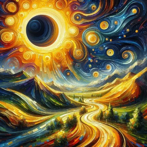 Solar Eclipse Over Winding Road Impasto Painting