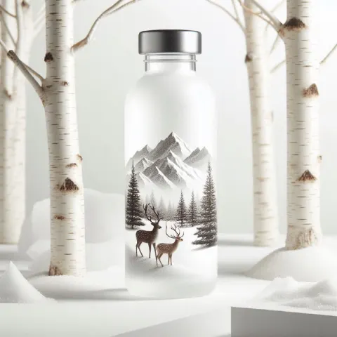 Glass Water Bottle With Birch Trees and Sika Deer