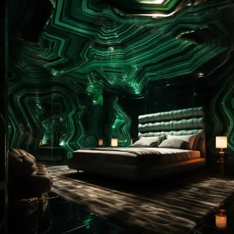 Modern Hotel Room Made Entirely of Malachite
