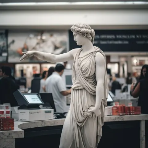 Greek Statue Working as Supermarket Cashier Photo