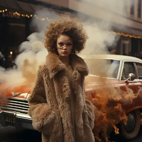 Horned Woman in Fur Coat on New York Street Flames