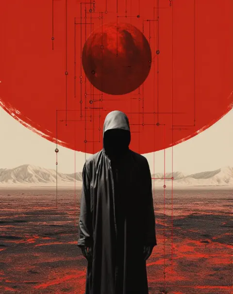 Dark Red Postapocalyptic Alien Face in Desert
