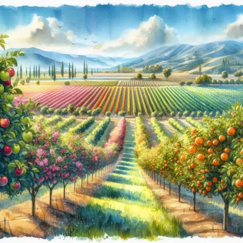 Fruit Field Watercolor Landscape Painting