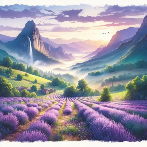 Lavender Field With Mountain Waterfall Watercolor