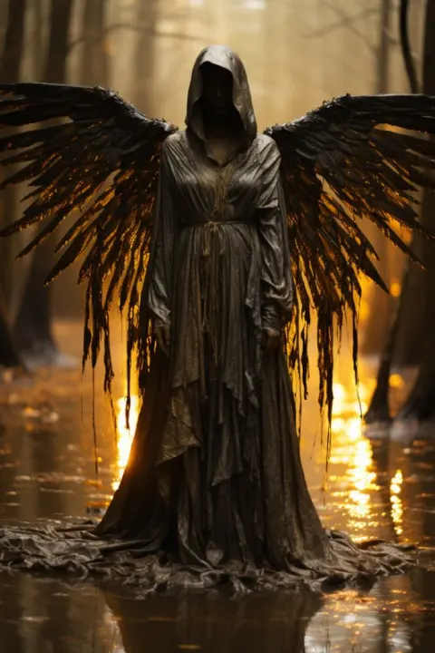 Winged Cloaked Soul Floating in Dark Forest