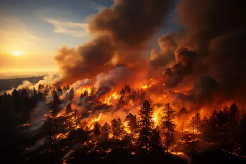 Raging Wildfire With Firefighters Battling Blaze