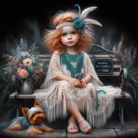 Red-Haired Toddler in 1920s Teal Lace Dreamy Portrait