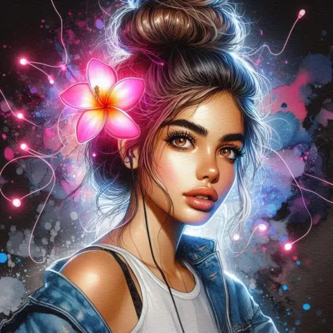 Hispanic Woman in Denim Jacket Hyperreal Watercolor