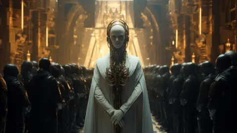 White-Gold AI Humanoid Priest Facing Massive Crowd