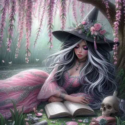 Witch Reading Under Weeping Willow in Spring Blossom