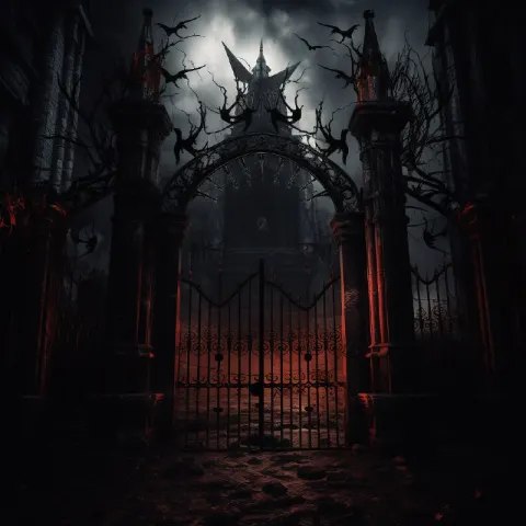 Gothic Castle Metal Gates With Bat Vampire Mood