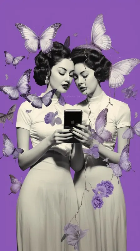 Twin Women With Phone Lavender Butterfly Collage