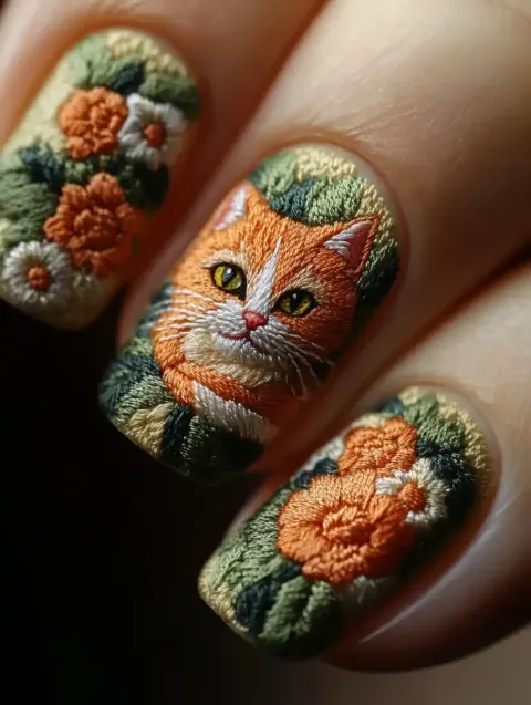 Embroidered Cat Nail Art
