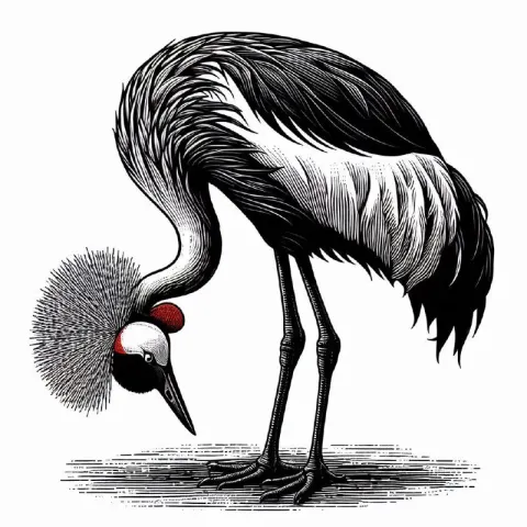 Red-Crowned Crane Foraging Woodcut Illustration