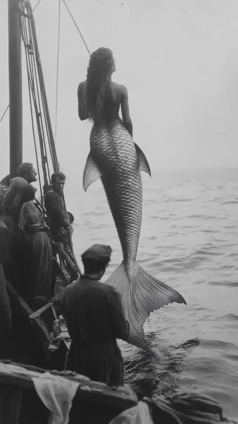 Vintage Mermaid Fishing Scene