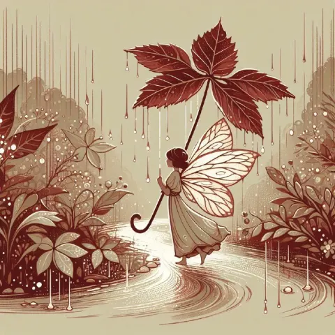 Little Fairy With Maple Leaf Umbrella in the Rain