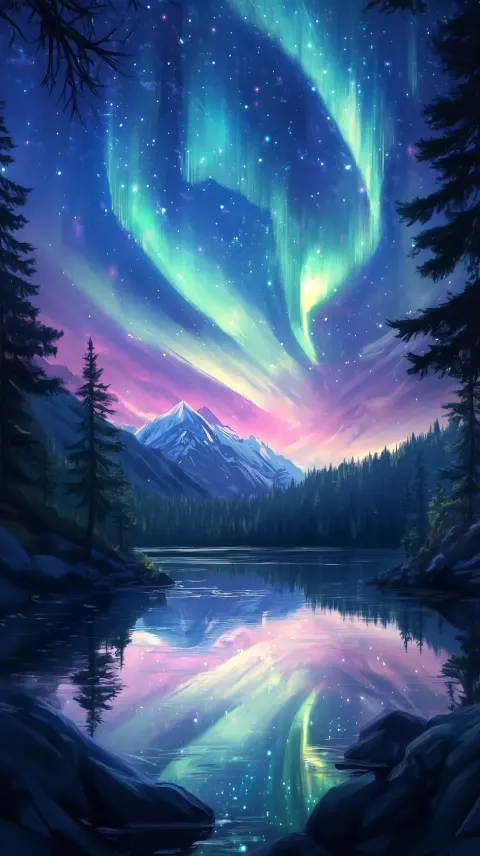 Anime Aurora Over Forest
