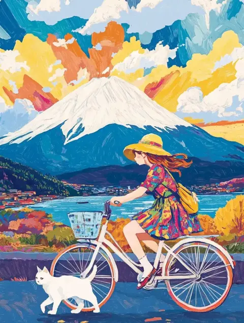 Psychedelic Girl Biking Fuji