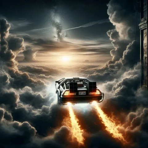Time Machine Leaving Fire Trail in Clouds