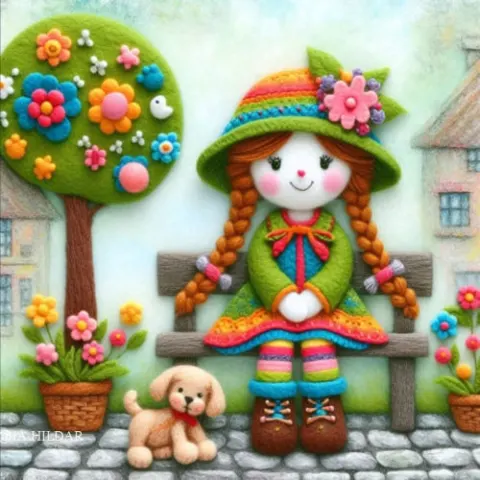 Felt Art Girl in Colorful Dress on Stone Sidewalk