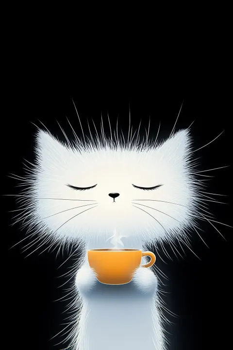 Caricatured Cat with Coffee
