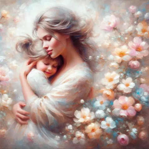 Mother and Daughter Embrace Amid Pastel Flowers