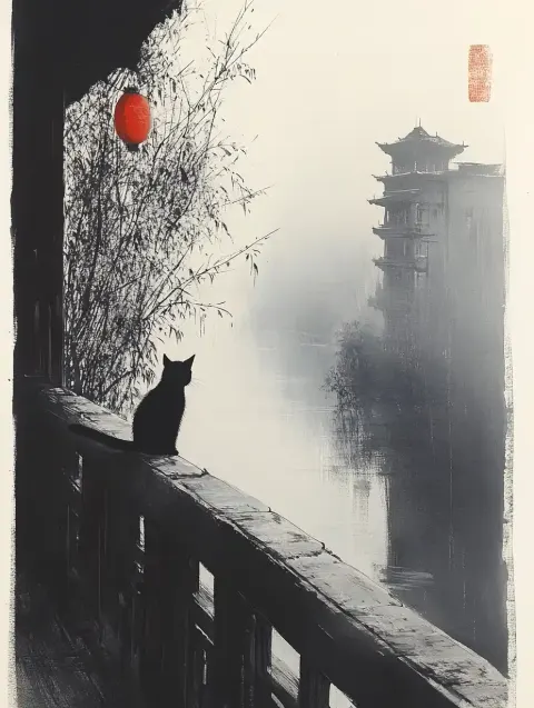 Sumi-e Cat by Water