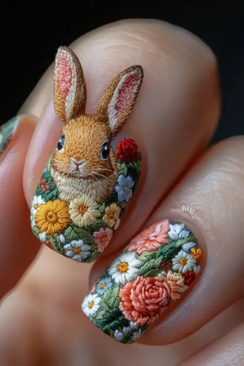 Embroidered Rabbit Nail Art