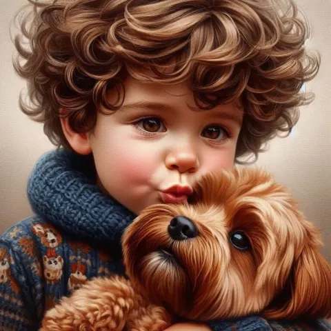 Curly-Haired Boy Hugging His Dog on the Coast