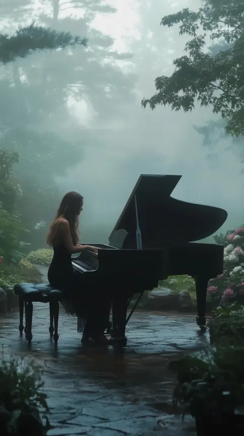 Cinematic Piano in Foggy Garden