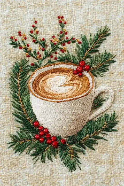 Embroidered Coffee Cup Detail