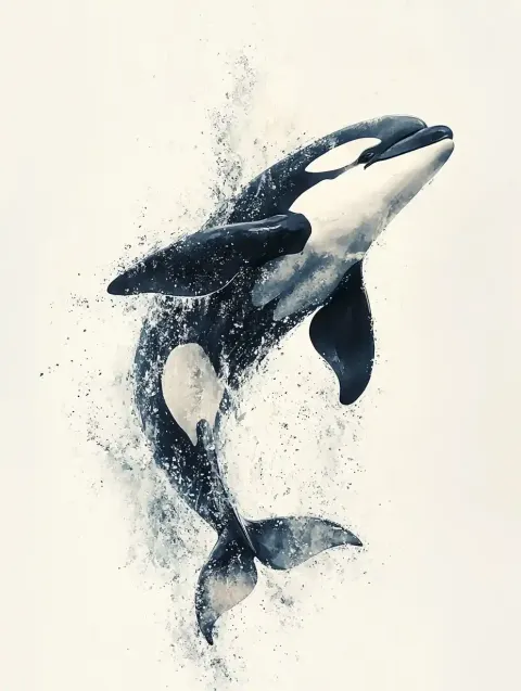 Aquarelle Orca Breaching Ocean