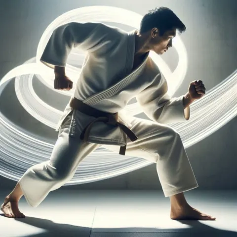 Judoka in White Gi With Swirling Light Trails