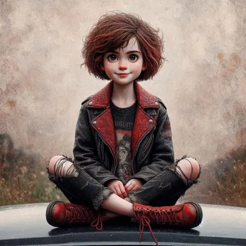 Shy Freckled Redhead in Leather Jacket on Car Bonnet