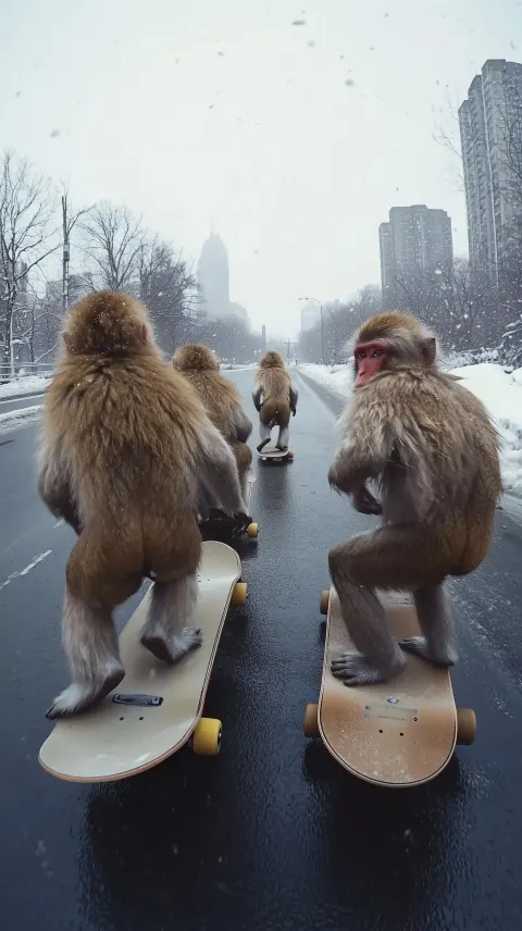 Monkeys Skateboarding in City