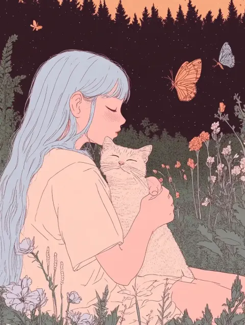 Whimsical Girl with Cat
