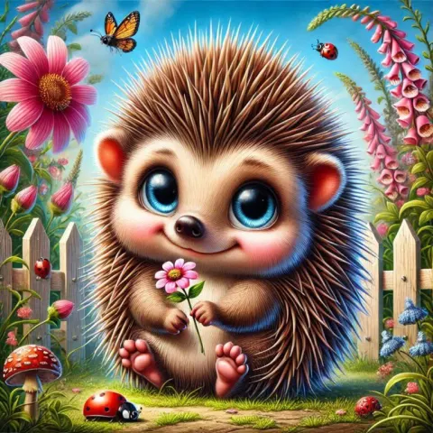 Cute Hedgehog in Garden with Flowers