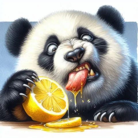 Panda Grimacing at Sour Lemon Watercolor Painting