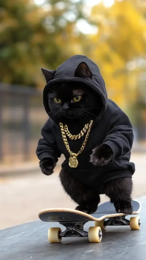 Skateboarding Cat in Hoodie