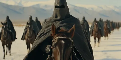 Black-Cloaked Rider on Warhorse Across Snowy Wasteland