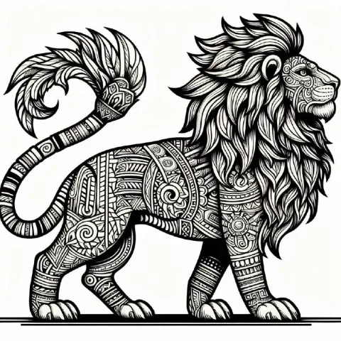 Aztec Style Lion Thick Ink Coloring Book Art