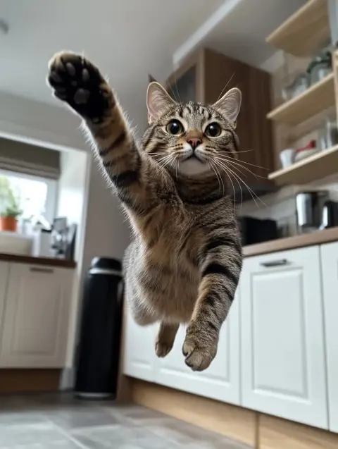 Playful Tabby in Kitchen
