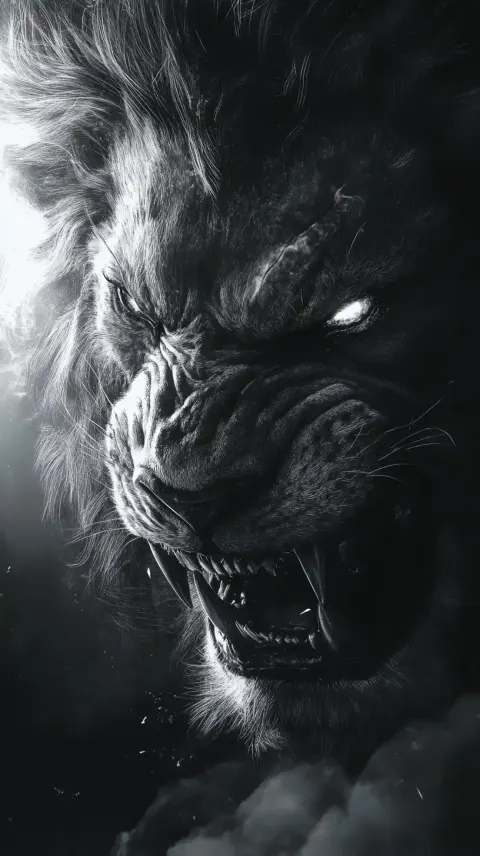 Snarling Lion Portrait Monochrome