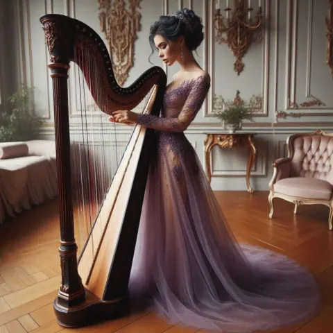 Braided-Hair Woman Playing Antique Harp in Purple Gown