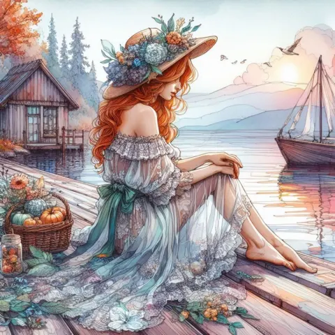 Whimsical Colorful Woman Sitting on a Dock