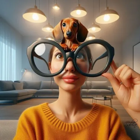 Woman in Giant Oversized Glasses With Dachshund 3D